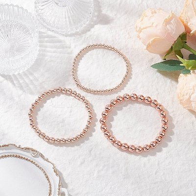 3Pcs Electroplate Non-magnetic Synthetic Hematite Round Beads Stretch Bracelets for Women BJEW-JB11944-1