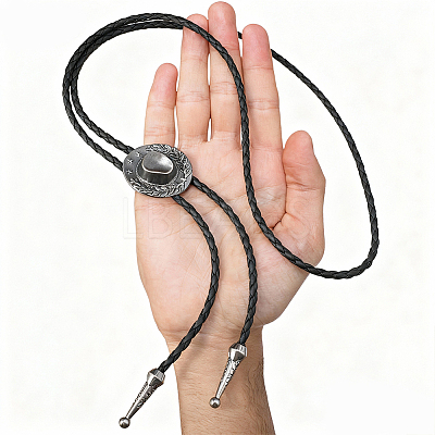 1Pc West Cowboy Hat Tibetan Style Alloy Pendant Black PU Leather Cord Bolo Tie Lariat Necklaces NJEW-GF0001-24A-1