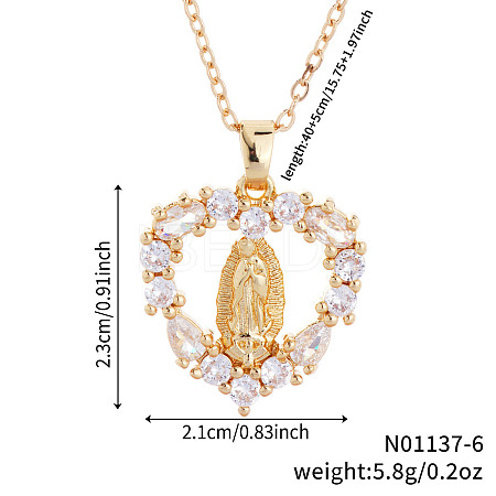 Vintage Brass Cubic Zirconia Religious Virgin Mary Heart Hollow Pendant Necklaces AB7554-2-1