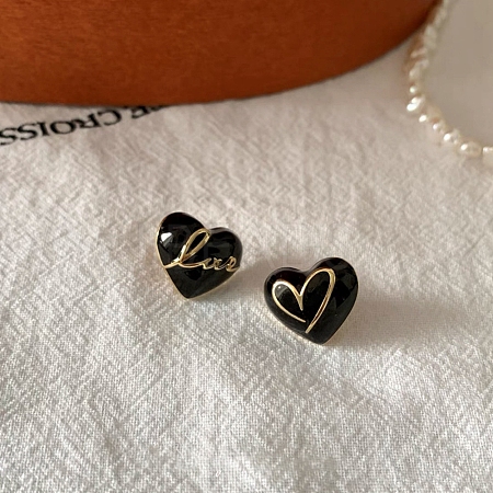 Heart & Word Love Enamel Asymmetrical Earrings EJEW-Z018-02B-1