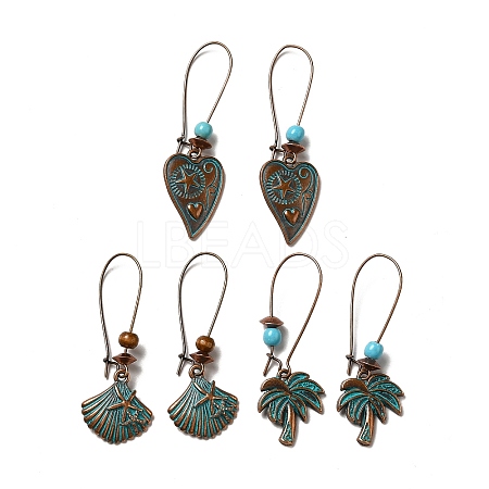 3 Pairs 3 Style Heart & Shell & Coconut Tree Alloy Dangle Earrings Set EJEW-G330-01R-1
