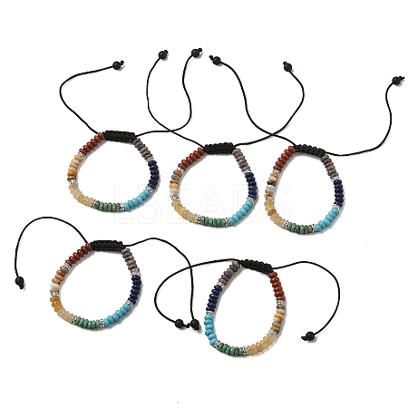 Natural & Synthetic Mixed Gemstone Flat Round Braided Bead Bracelets BJEW-JB09711-1