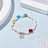 Natural Pearl & Millefiori Glass Beaded Stretch Bracelet with Heart and Coin Charm for Women BJEW-TA00060-2