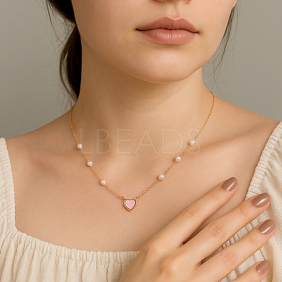 4Pcs 2 Colors Alloy & Resin Pink Heart Pendant Necklaces with Imitation Pearl NJEW-HY0001-12-1