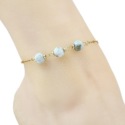 Round Natural Larimar Beads 304 Stainless Steel Satellite Chain Anklets for Women AJEW-AN00877-1