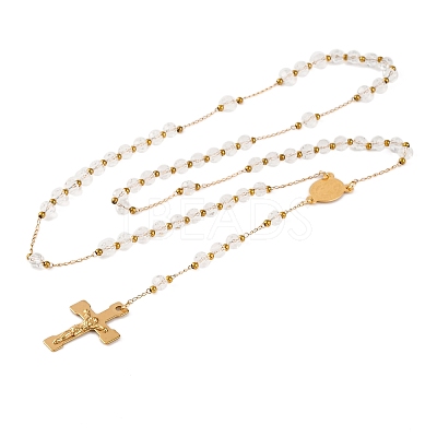 Ion Plating(IP) Crucifix Cross 304 Stainless Steel Rosary Bead Necklaces NJEW-M075-03G-01-1