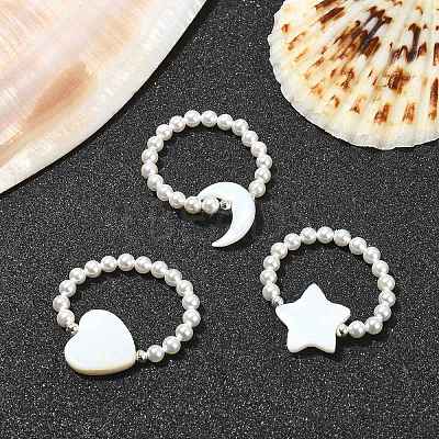 3Pcs 3 Style Natural Pearl & Shell Beaded Stretch Rings Set RJEW-TA00100-1