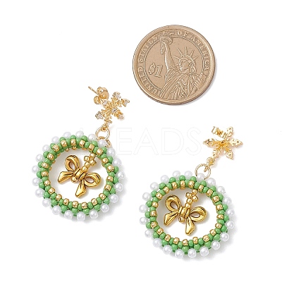 Christmas Wreath Brass Glass Dangle Stud Earrings EJEW-MZ00613-1