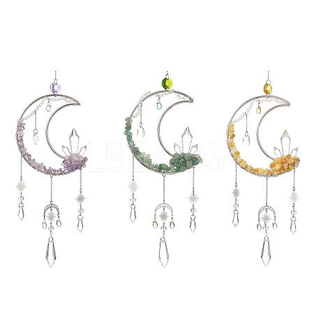 3Pcs 3 Styles Moon Natural Amethyst & Green Aventurine & Topaz Jade & 304 Stainless Steel & Brass Suncatchers HJEW-TA00488-1