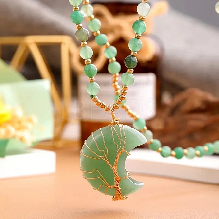 Natural Green Aventurine Copper Wire Wrapped Moon Tree Pendant Necklaces PW-WG35DF9-03-1