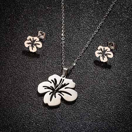 Stainless Steel Flower Stud Earrings & Pendant Necklaces Sets for Women PW-WG215D6-02-1