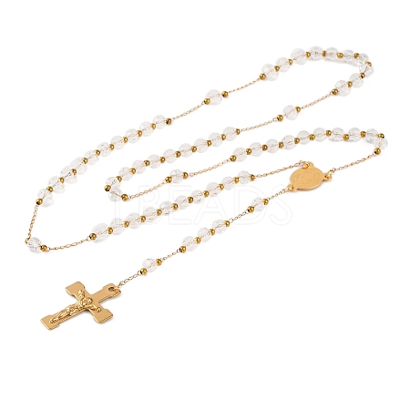 Ion Plating(IP) Crucifix Cross 304 Stainless Steel Rosary Bead Necklaces NJEW-M075-03G-01-1