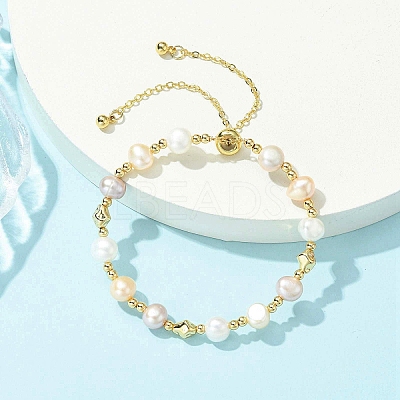 Adjustable Natural Cultured Freshwater Pearl & Brass Beads Slider Bracelets for Women BJEW-JB13604-1