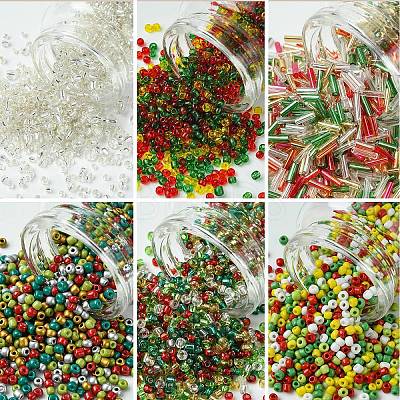 50G 5 Colors Christmas Theme Silver Lined Glass Seed Beads SEED-YW0002-62A-1