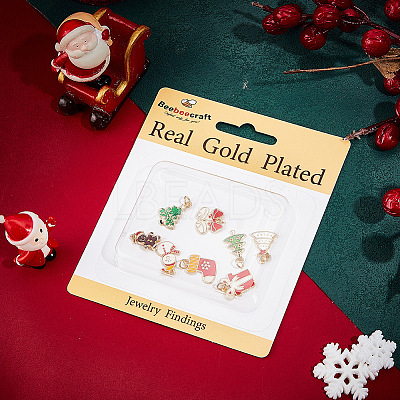 8Pcs 8 Styles Christmas Themed Real 18K Gold Plated Brass Enamel Charms KK-BBC0014-99-1