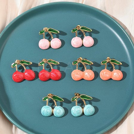 Cherry 304 Stainless Steel Enamel Stud Earrings EJEW-B156-01G-1