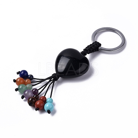 Natural Obsidian Heart with Mixed Gemstone Tassel Keychains KEYC-P012-03P-03-1