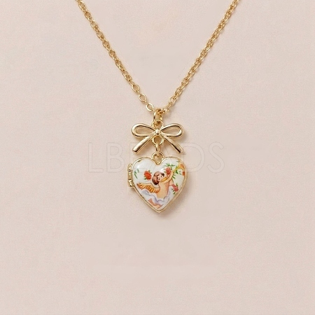 Brass Enamel Bowknot Angel Heart Photo Locket Pendant Necklaces for Women KK-CBAF5B9-03G-1