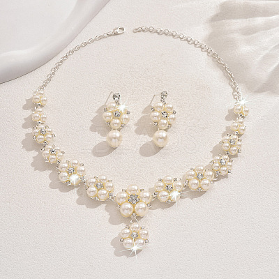Flower Alloy Crystal Rhinestone & Plastic Pearl Link Chain Necklaces & Stud Dangle Earrings Sets FS-WGC22CC-02-1