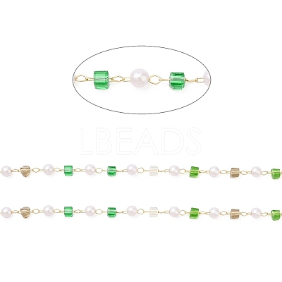 Faceted Cube Glass & ABS Plastic Imitation Pearl Beaded Chains CHS-G026-02KCG-01-1-1