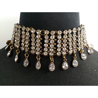 Alloy Full Crystal Rhinestone Teardrop Tassel Choker Necklaces for Women FS-WGE797D-01-1