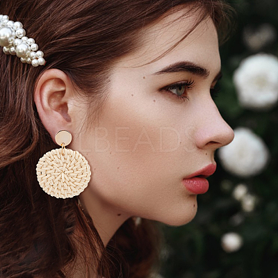 6 Pairs 6 Style Donut & Kite & Flat Round & Arch Rattan Dangle Stud Earrings EJEW-AN0001-28-1