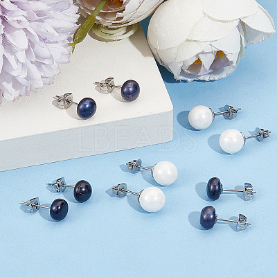6 Pairs 2 Style Shell Pearl Ball Stud Earrings EJEW-BBC0001-34-1