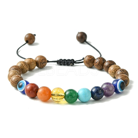 8mm Round Chakra Gemstone & Wood Braided Beaded Bracelets BJEW-JB10905-02-1