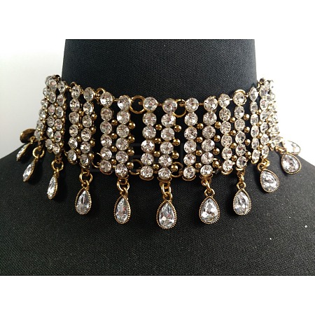 Alloy Full Crystal Rhinestone Teardrop Tassel Choker Necklaces for Women FS-WGE797D-01-1