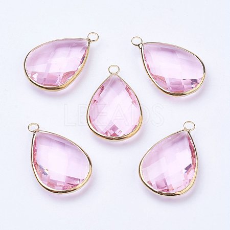 Golden Tone Brass Glass Teardrop Pendants X-GLAA-M006-A-15G-1
