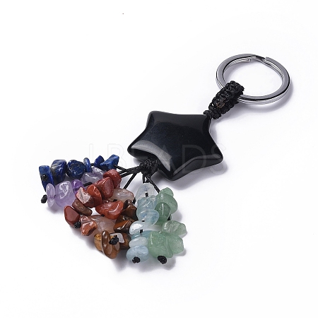 Natural Obsidian Star with Mixed Gemstone Chips Beaded Tassel Keychains KEYC-P012-01P-01-1