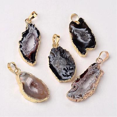 Mixed Golden Tone Brass Natural Druzy Geode Agate Slice Pendants G-M282-01-1