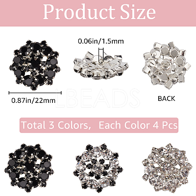 12Pcs 3 Colors 1-Hole Alloy Rhinestone Shank Buttons BUTT-GF0003-64-1