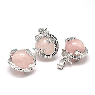Dragon Platinum Plated Brass Natural Rose Quartz Pendants G-F228-04C-RS-1