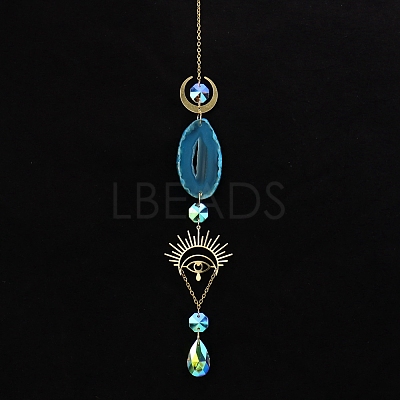 Natural Agate Piece & Metal Evil Eye Moon Hanging Ornaments PW-WG66301-07-1