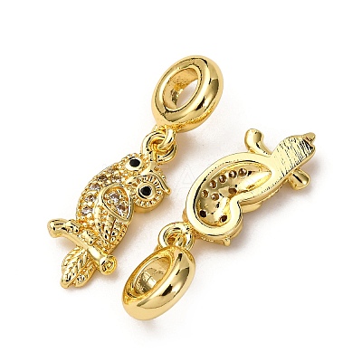 Brass Pave Clear and Black Cubic Zirconia Owl European Dangle Charms KK-A265-09B-G-1