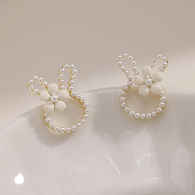 Alloy Imitation Pearl Plastic Rabbit & Flower Stud Earrings for Women WGC2AFB-01-1