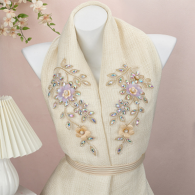 2Pcs 2 Styles Flower Polyester & Glass & Plastic Pearl Embroidery Sew on Ornament Accessories PATC-FG0003-42-1