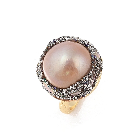 Round Natural Abalone Shell & Freshwater Pearls Finger Ring RJEW-C090-03G-1