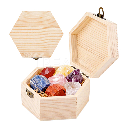 7 Chakra Natural Mixed Raw Gemstone Nuggets Display Decorations with Wooden Box AJEW-WH0886-57-1