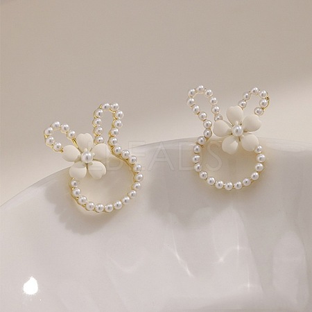 Alloy Imitation Pearl Plastic Rabbit & Flower Stud Earrings for Women WGC2AFB-01-1