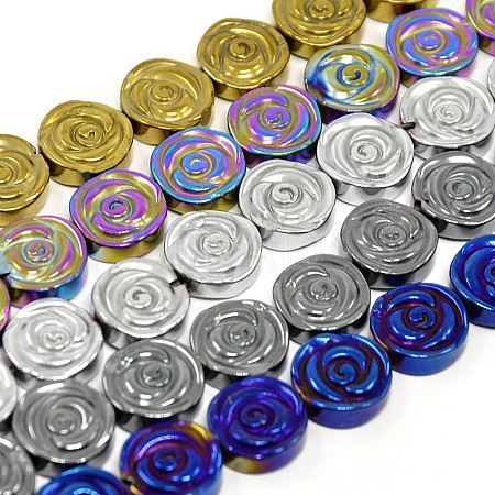Electroplate Gorgeous Flat Round Carved Rose Non-magnetic Synthetic Hematite Beads Strands G-F141-04-1