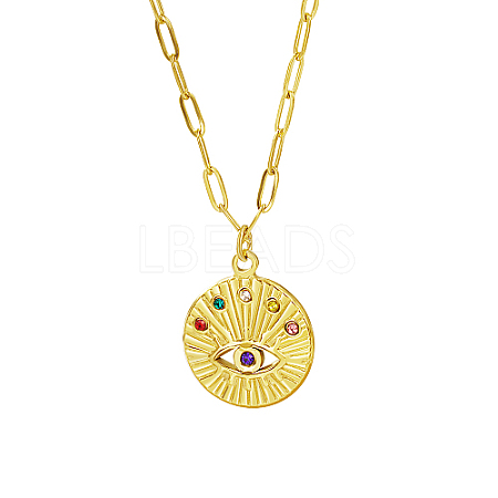 Stainless Steel Rhinestone Flat Round with Eye Pendant Necklaces LS9934-1-1