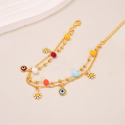 Summer Beach Brass Enamel Evile Eye Daisy Flower Tassel Double Layer Anklets for Women YM0620-1