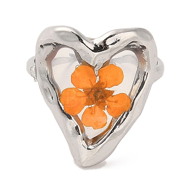 Heart Epoxy Resin with Dry Flower Adjustable Rings RJEW-G304-01P-1