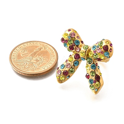 Bowknot 304 Stainless Steel Rhinestone Cuff Rings for Women RJEW-A058-01C-G-1