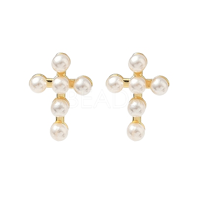 Cross Brass Stud Earrings EJEW-A132-01G-1