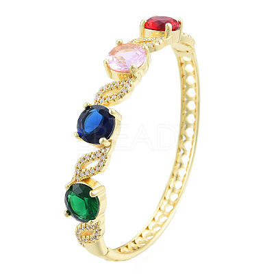 Cubic Zirconia Flat Round & Leaf Hinged Bangle BJEW-N012-049-1