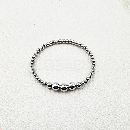 304 Stainless Steel Round Beaded Stretch Bracelets for Women Men KU2841-4-1