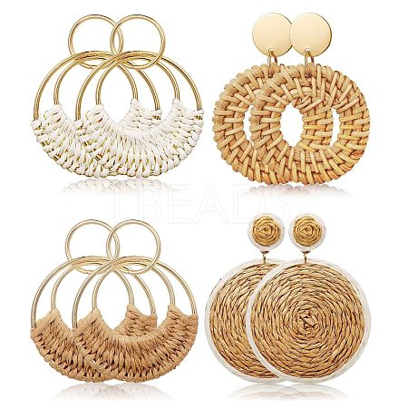 4Pairs Flat Round Alloy Raffia Dangle Stud Earrings FS-WG1ECDE-01-1